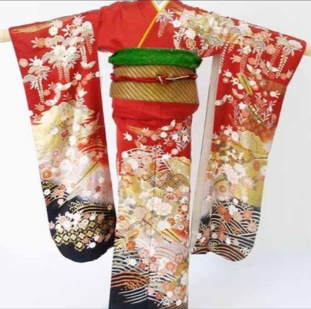 【中古品】振袖・エンジ下黒波【b232】/成人式/卒業式/結婚式/