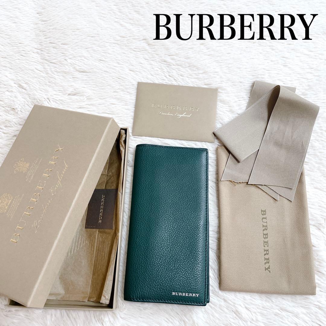 美品 付属完備 BURBERRY バーバリー ロゴ レザー 長財布 折り財布 緑