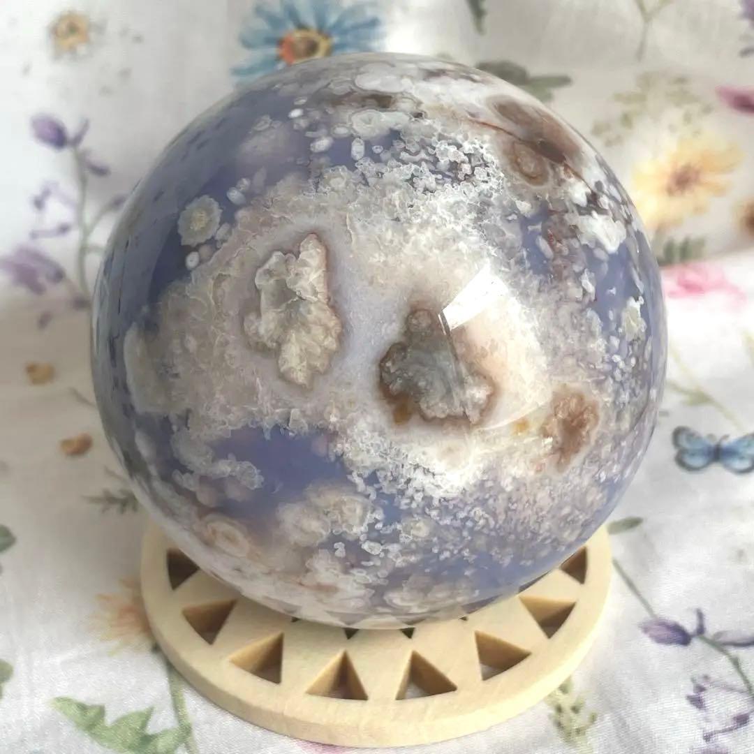 64mm大きなブルー桜瑪瑙 スフィア 天然石 置物