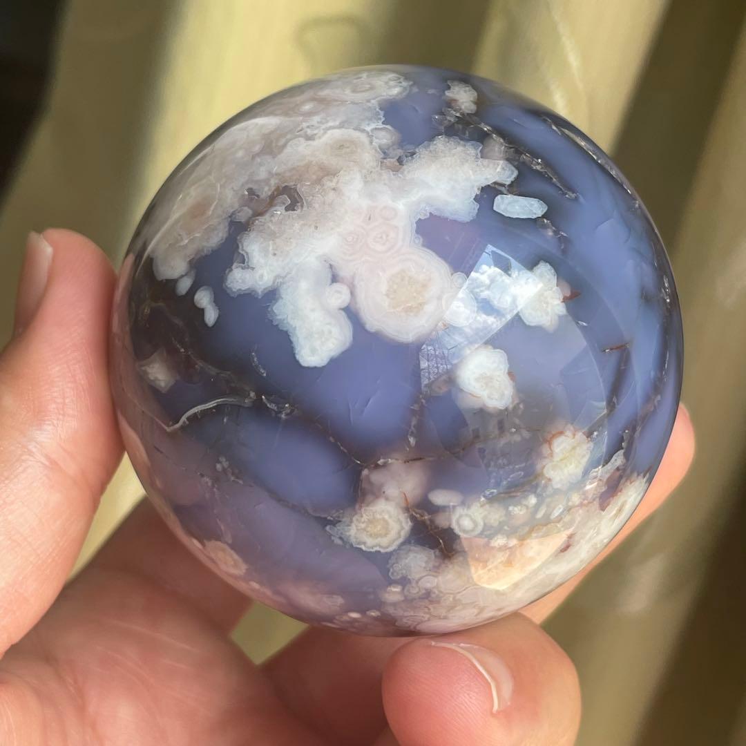 64mm大きなブルー桜瑪瑙 スフィア 天然石 置物