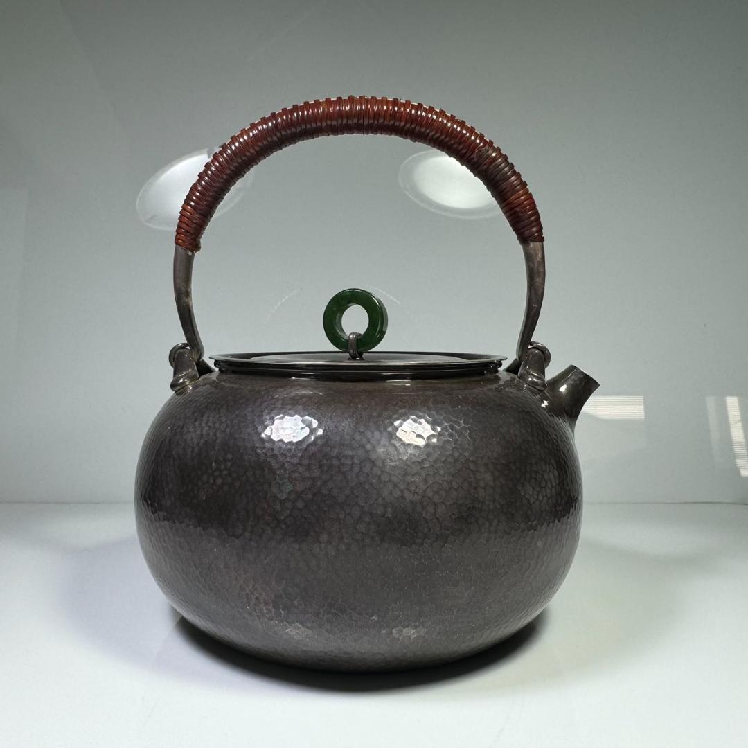 純銀製 羽田花押 寶珠 薬缶 貴石摘 銀瓶 煎茶道具 湯沸 美術品 純銀保証