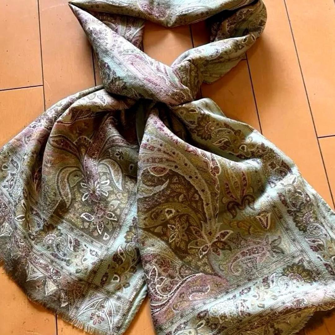 値下げETRO 大判　長方形ロングストール　若草色とピンク　ウール／シルク　美品