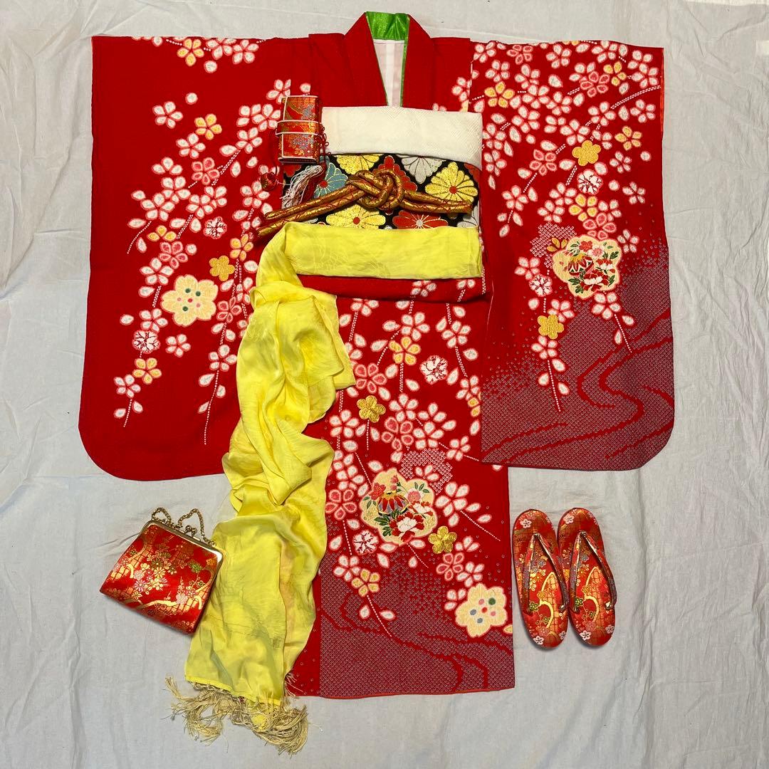 七五三　7歳　赤　正絹　ちりめん　アンティーク