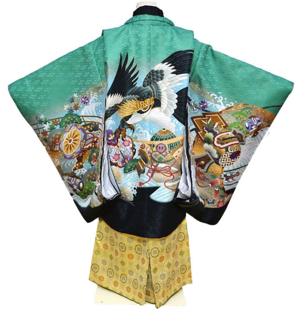 七五三 着物 男の子 袴 セット 3歳、5歳羽織袴 フルセット 鷹柄グリーン