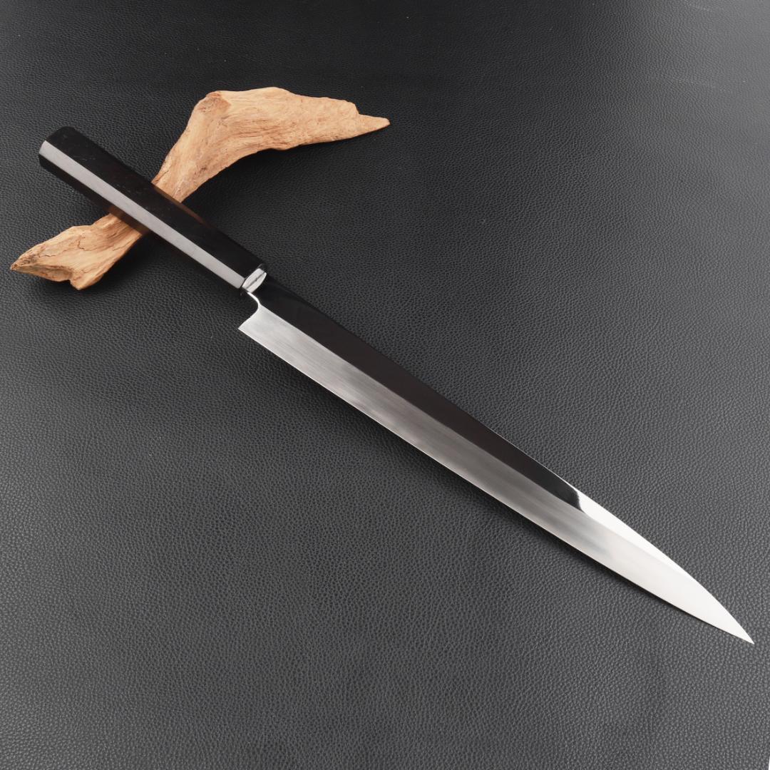 10994フグ引 柳刃包丁 尺寸 鏡面仕上げ 刃は究極の切れ味 黒檀黒水牛八角柄