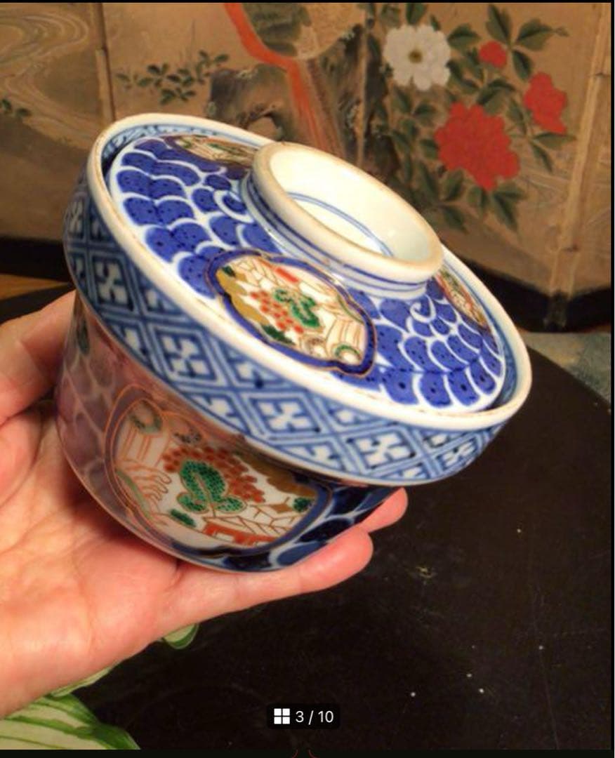 A1032 古伊万里染錦手　唐草　窓絵山水紋様　蓋茶碗　1客