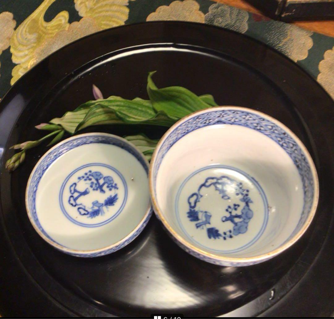 A1032 古伊万里染錦手　唐草　窓絵山水紋様　蓋茶碗　1客