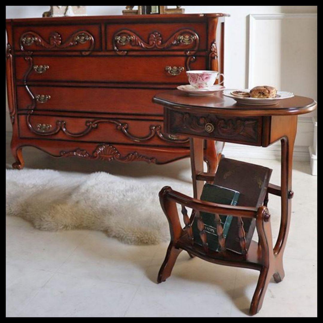 世界最高峰木材　マホガニー仕様　『サイドテーブル&マガジンラック』　手彫り彫刻