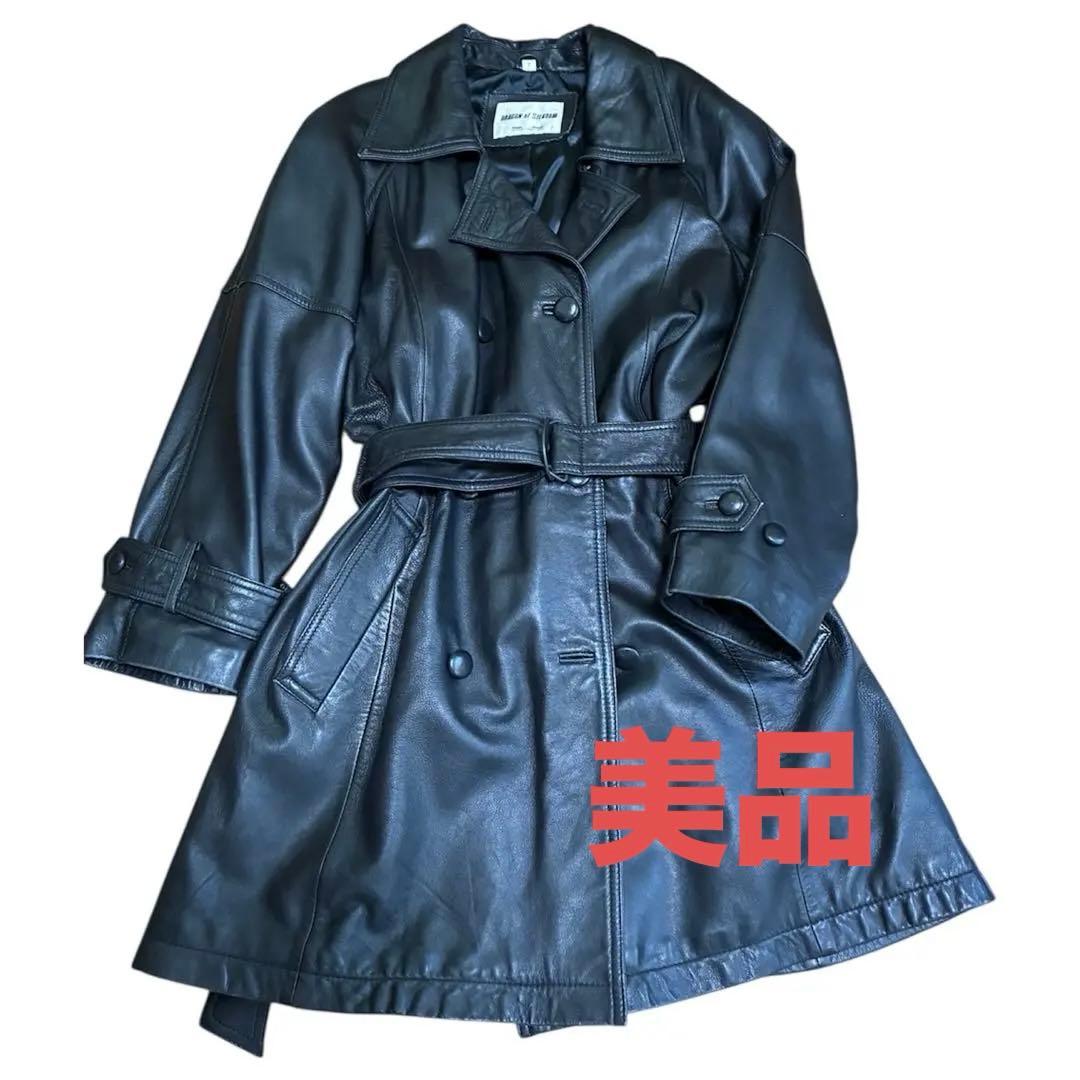ブラックレザー トレンチコート ベルト付き　イタリア製羊皮トレンチコートM〜L