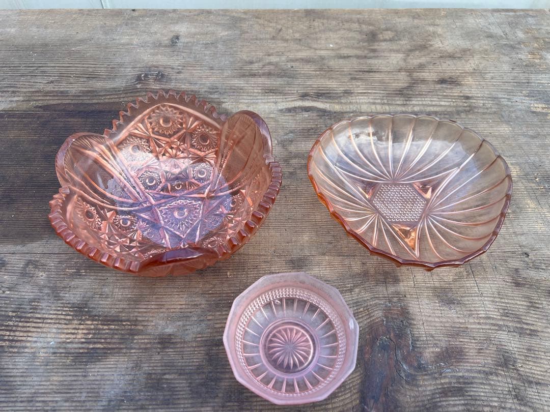 【O-1099】食器 ガラス食器 ピンク 皿 器 昭和レトロ レトロポップ