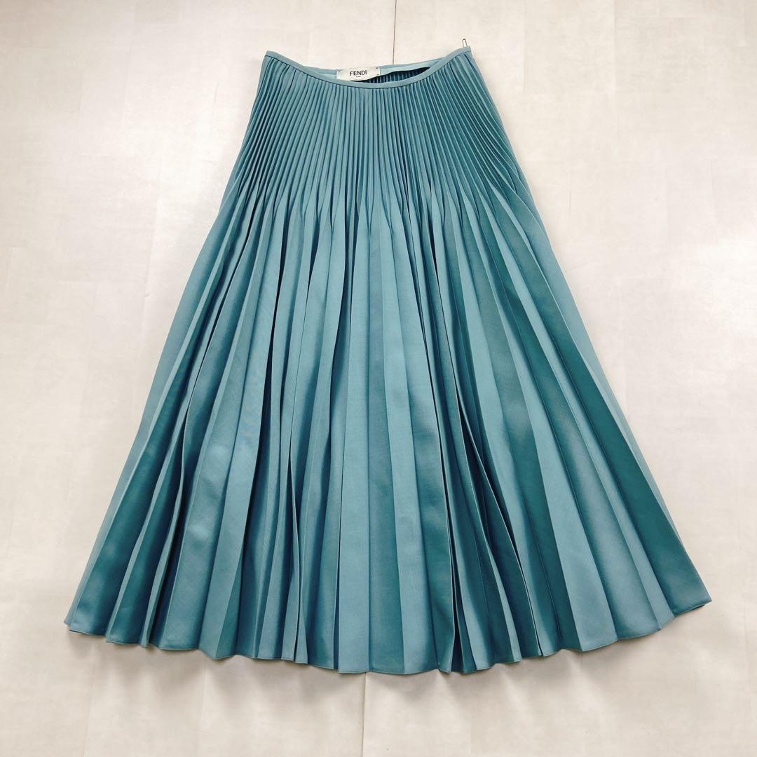 極美品 現行タグ FENDI モヘア プリーツスカート ロング ターコイズブルー