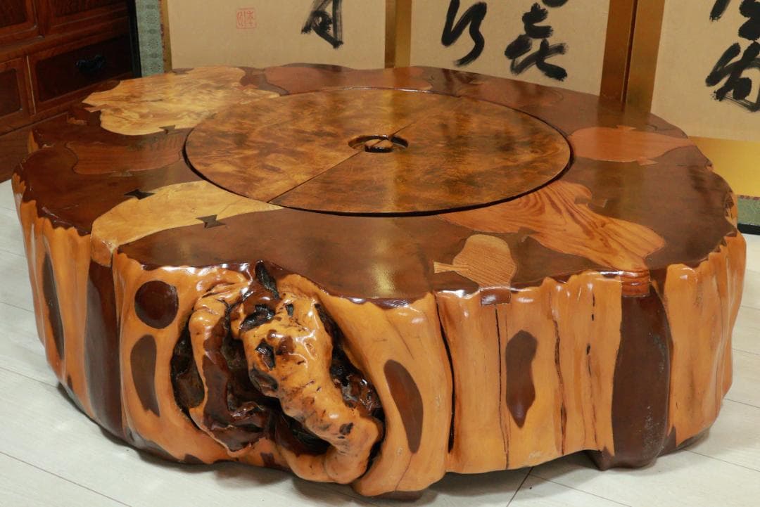 時代家具　木製　象嵌　刳り貫き　火鉢　大型　手炙り　蓋付　民芸品　BE951