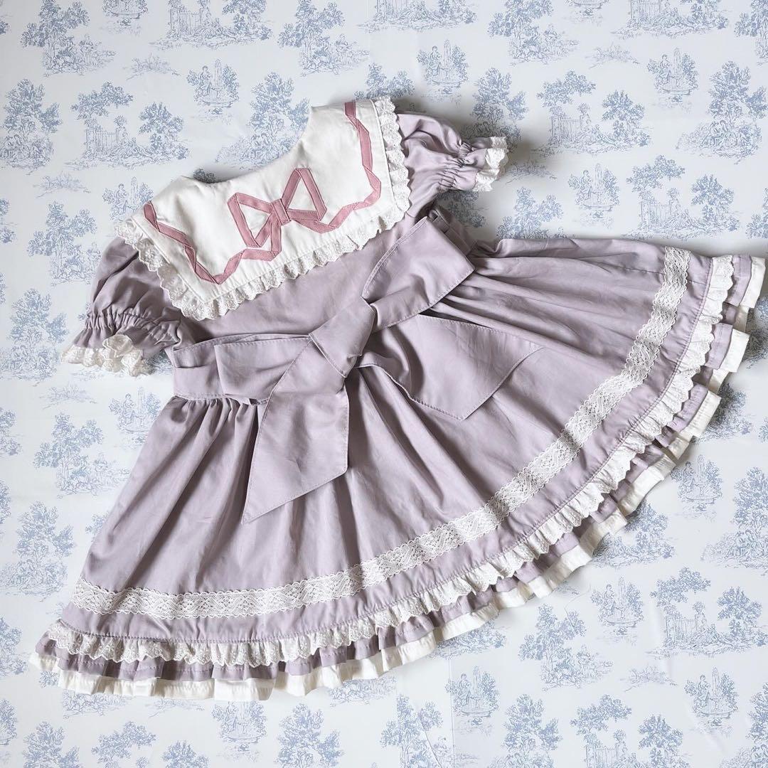 ハンドメイド♡90cmラベンダーフリルたっぷりセーラーワンピースリボン