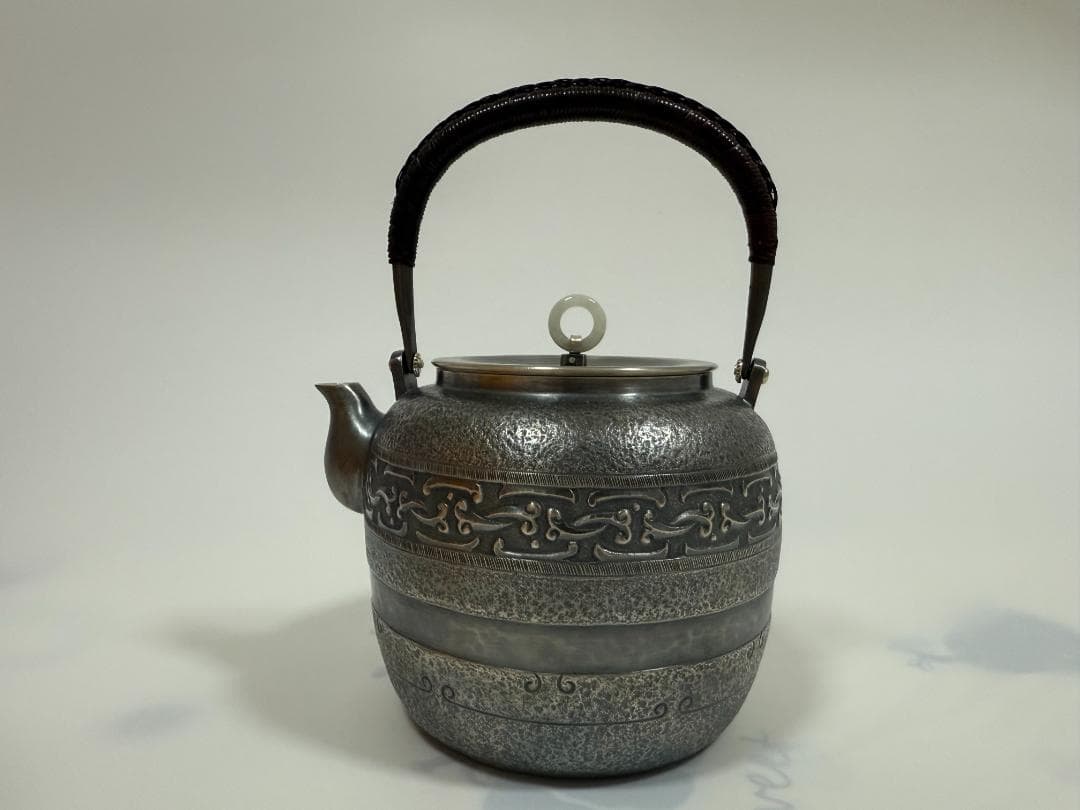 純銀製 如意鎖紋 環玉摘 湯沸 銀瓶 煎茶道具