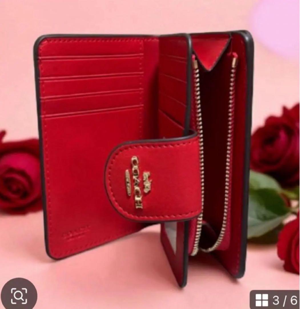 【新品】COACH 二つ折り財布ブラウン/レッドシグネチャー