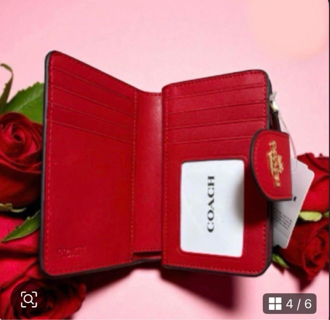 【新品】COACH 二つ折り財布ブラウン/レッドシグネチャー