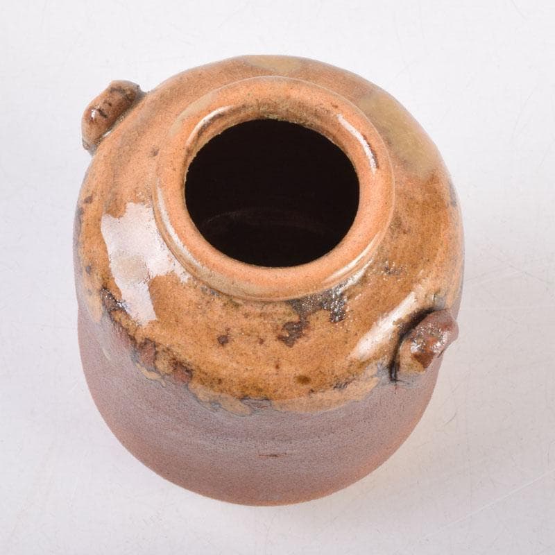 茶道具　萩焼　守繁栄徹作　耳付茶入　名物鷄頭金襴仕覆付　共布共箱　V　8498