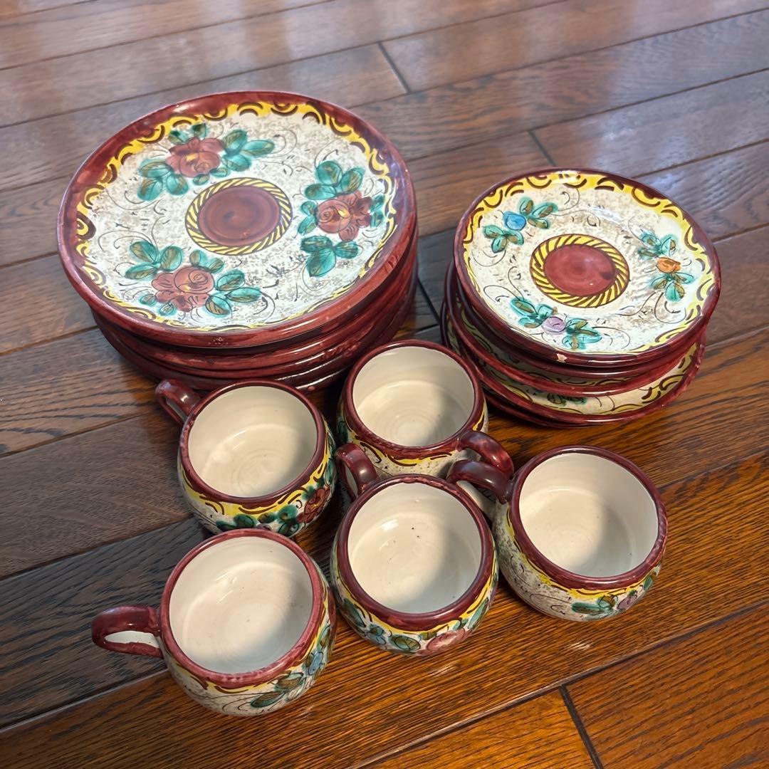 【希少】Pisapia Italy 陶器　花柄プレート6枚 カップ＆ソーサー5客