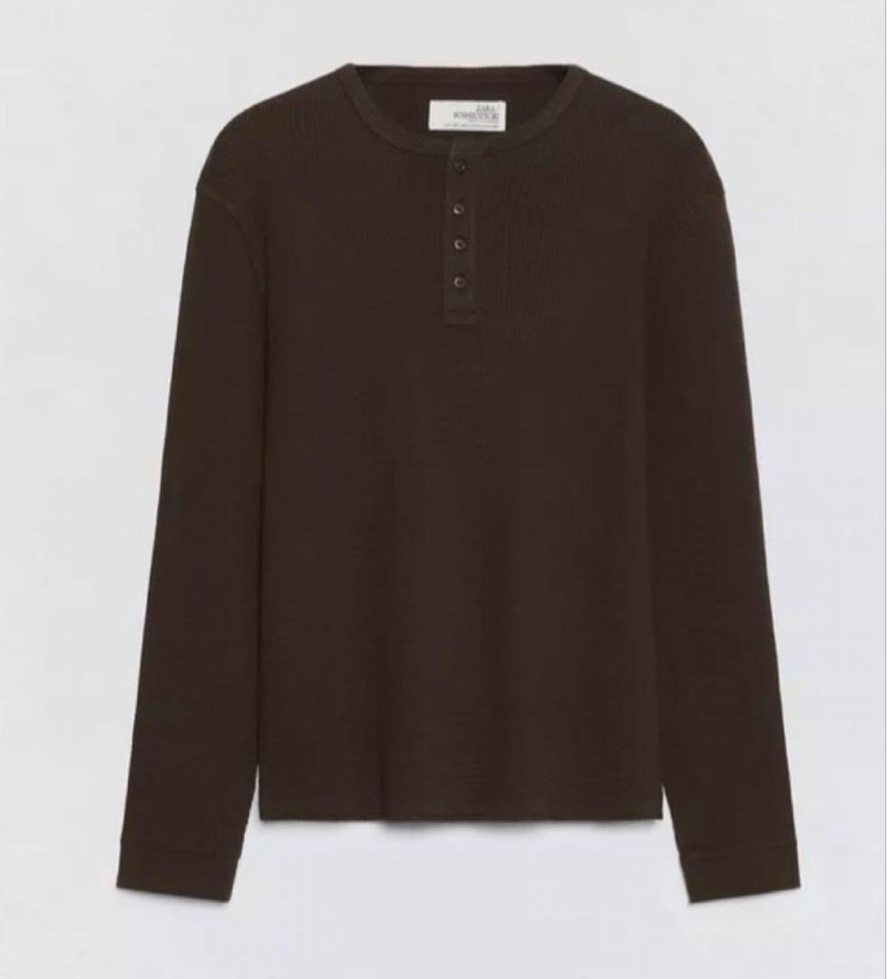 L zara soshiotsuki ヘンリーネックワッフルTシャツ　ブラウン