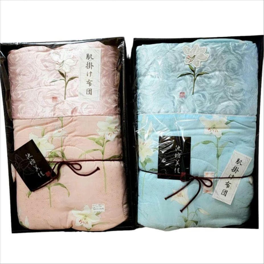 【新品 レトロ 花刺繍 2色2枚セット】池坊美佳 肌掛け布団 シングル 掛布団