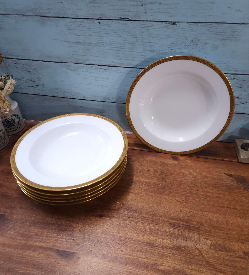 美品☆大倉陶園 OKURA 片葉金蝕 スーププレート 6枚セット 深皿