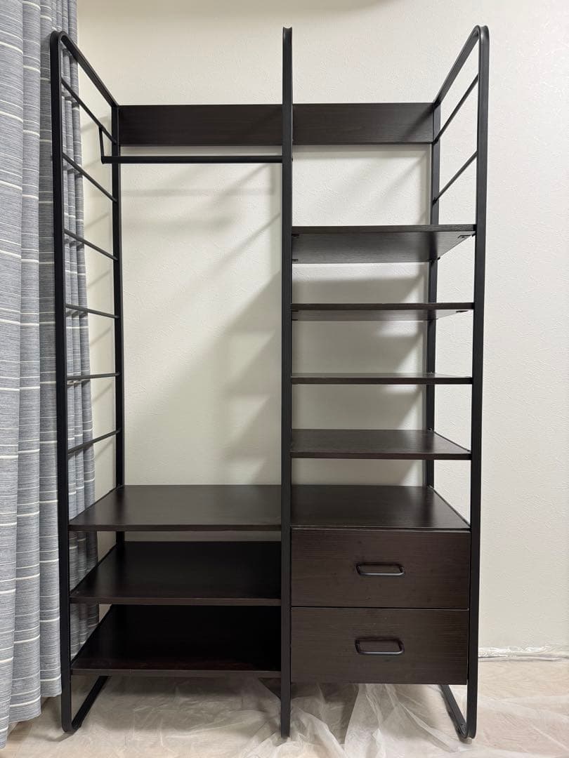 シェルフ付きワードローブ　棚・引き出し付き　ダークブラウン