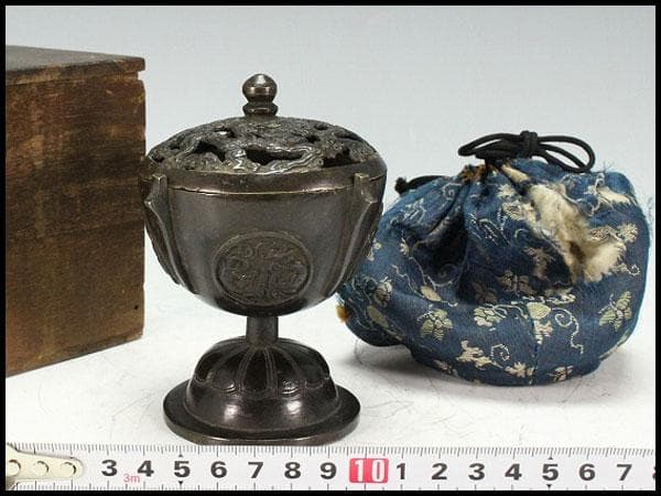 古銅 団龍紋 香炉 古裂仕服 古美術(K-LC952)