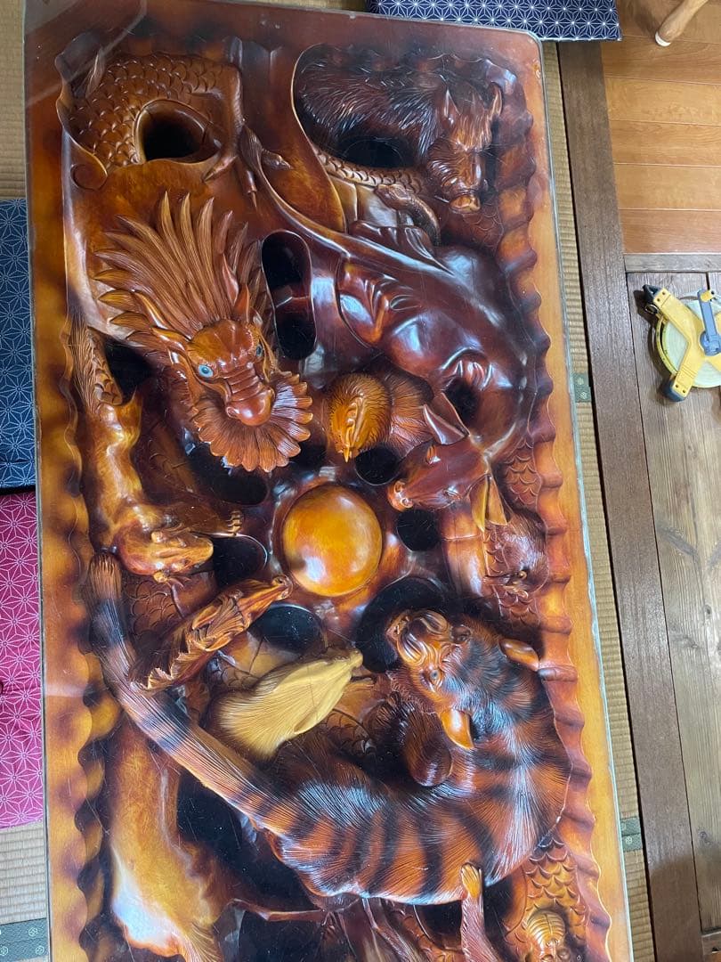 干支 彫刻 木彫 テーブル アンティーク ガラス天板