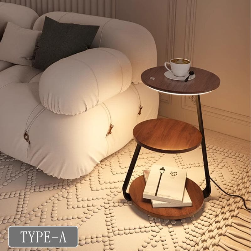 「みかん」3段木製サイドテーブル 間接照明 天然木 完成品発送