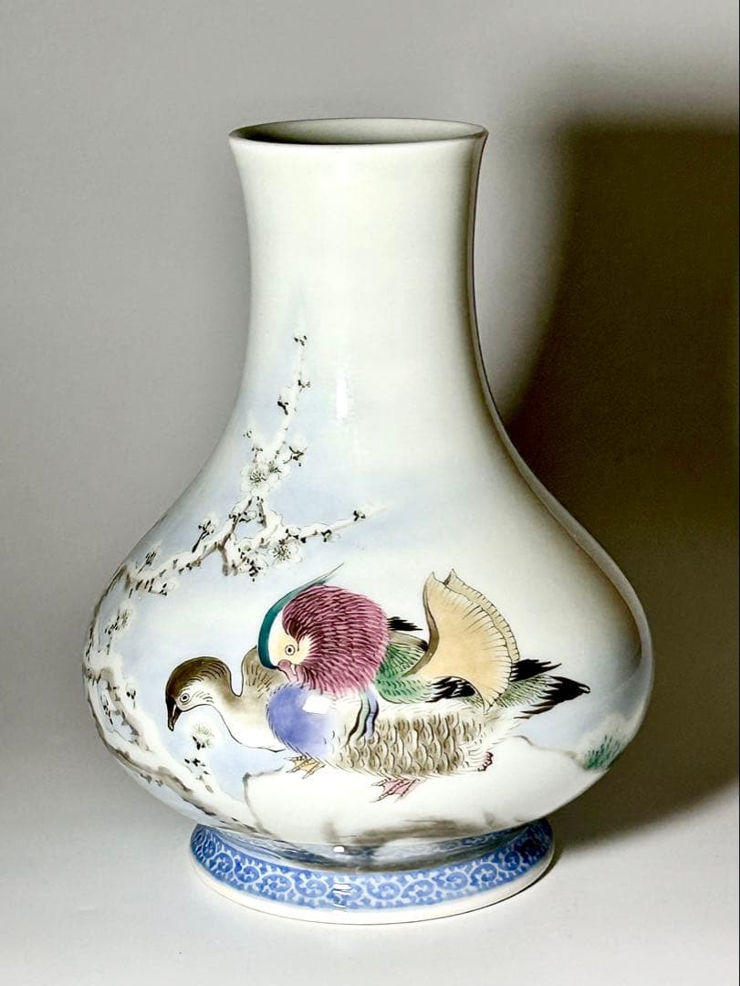 富永源六　釉下彩雪景鴨図花瓶　源六焼　嬉野焼　有田　伊万里
