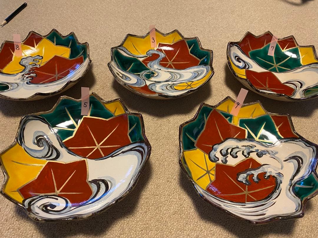 乾山写呉須入り竜田川文向付7種7色絵がわり 7客　清水焼　京器　懐石向付