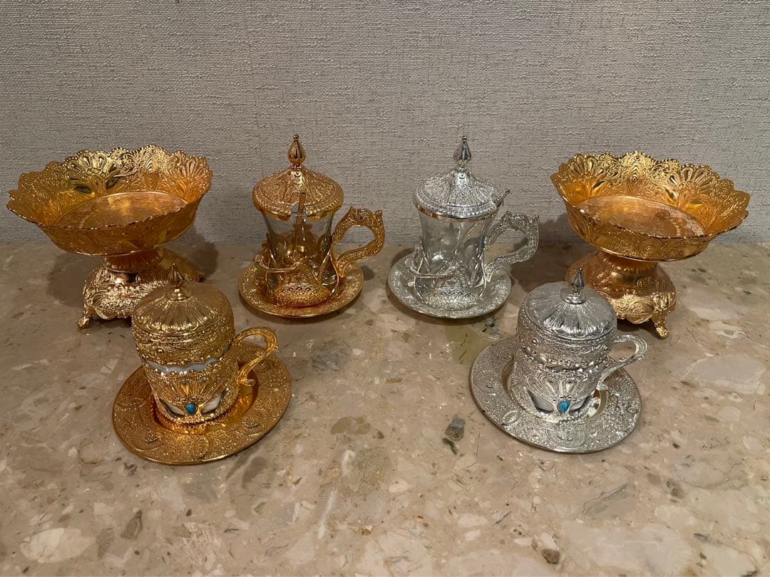 【6個セット】小物入れ、ジュエリーケース、爪楊枝入れ、砂糖、クリープ、金色、銀色