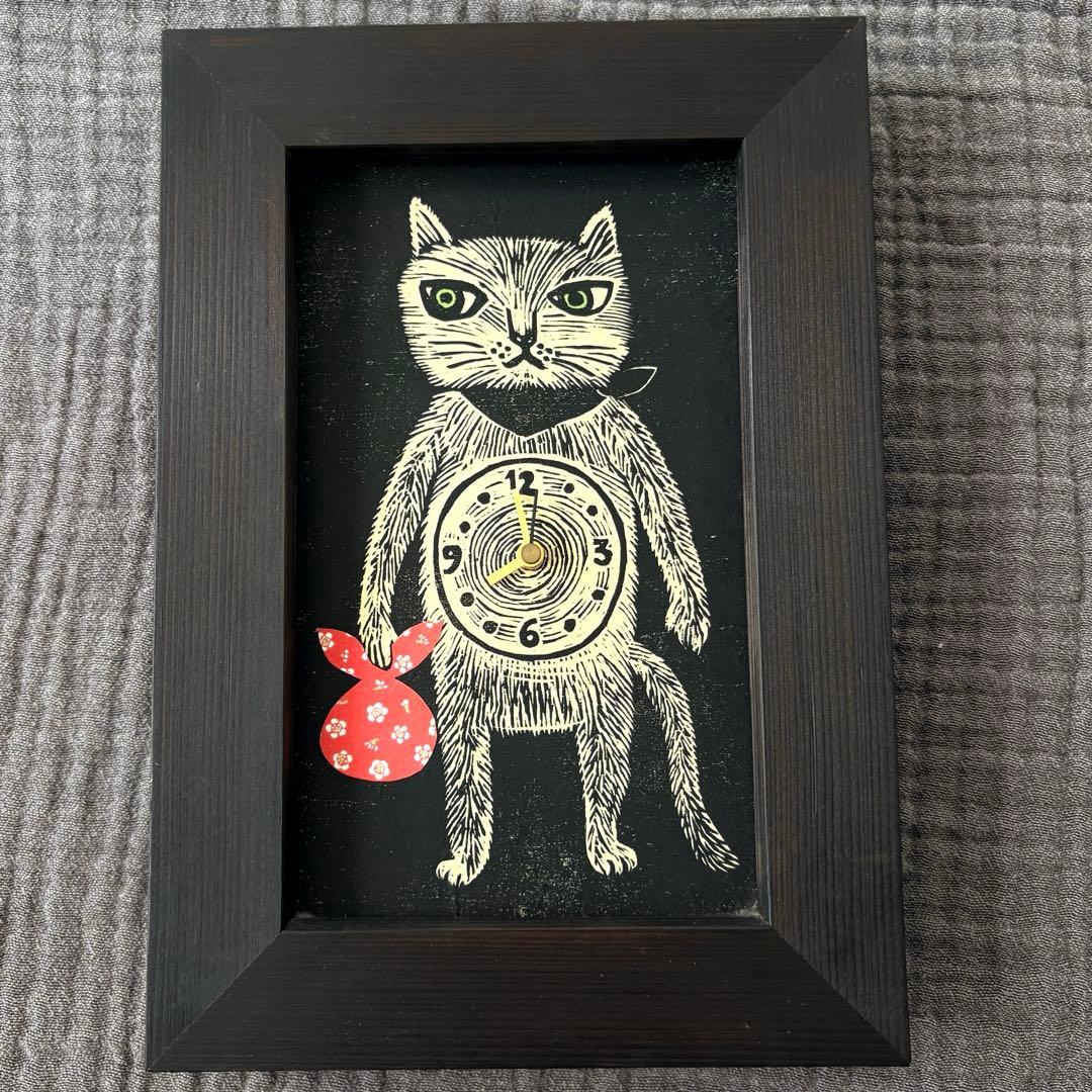 おさのなおこ　木版画　杉　猫の腹時計　掛け時計　置き時計