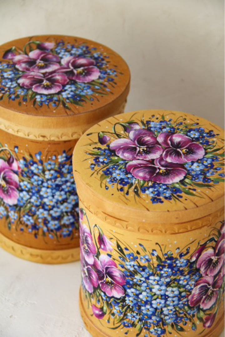 ロシア雑貨☆白樺工芸ベレスタ『パンジーと勿忘草』キャニスター2個 マトリョーシカ