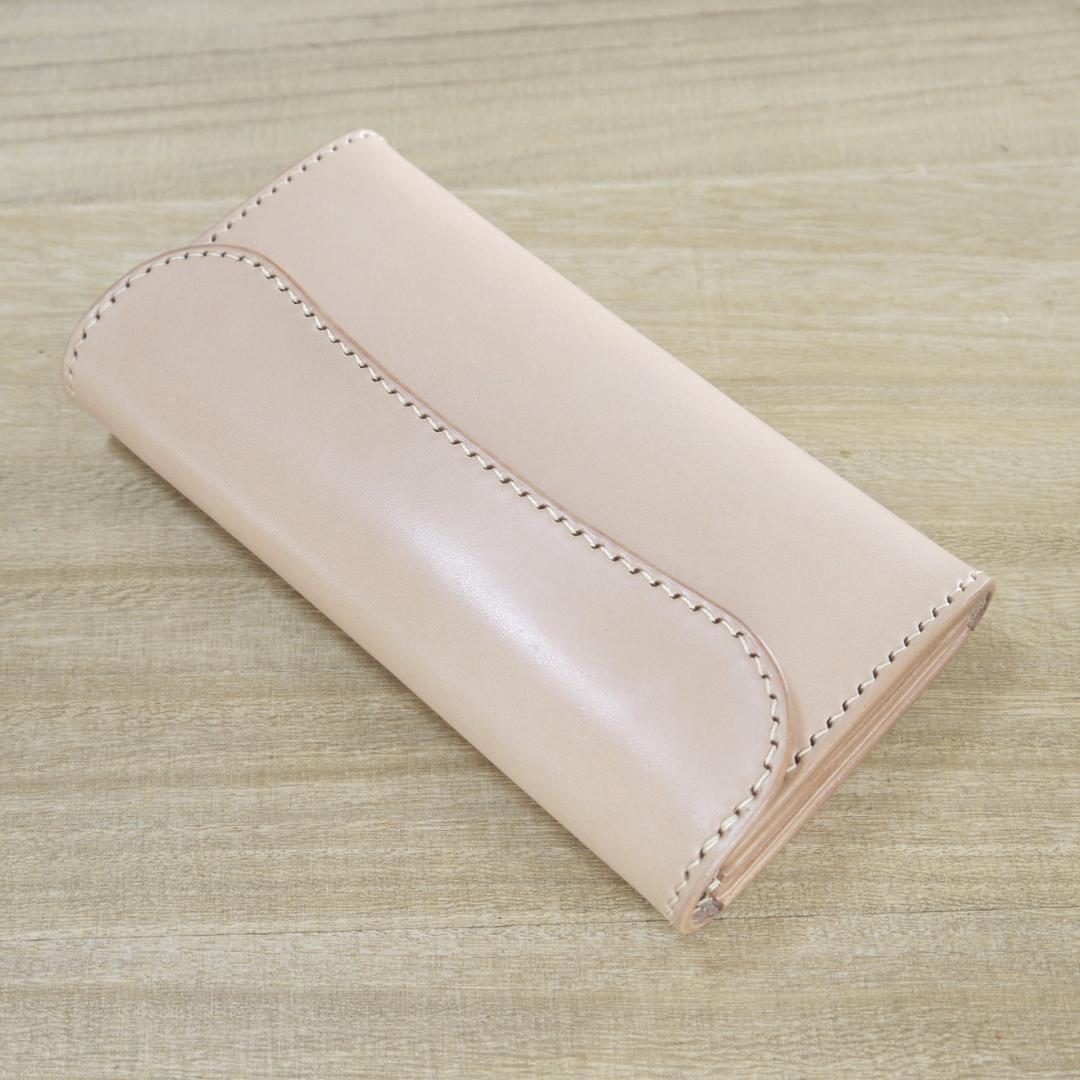 ヌメ革　栃木レザー　サドルレザー　ロングウォレット　かぶせ　三つ折り　生成り