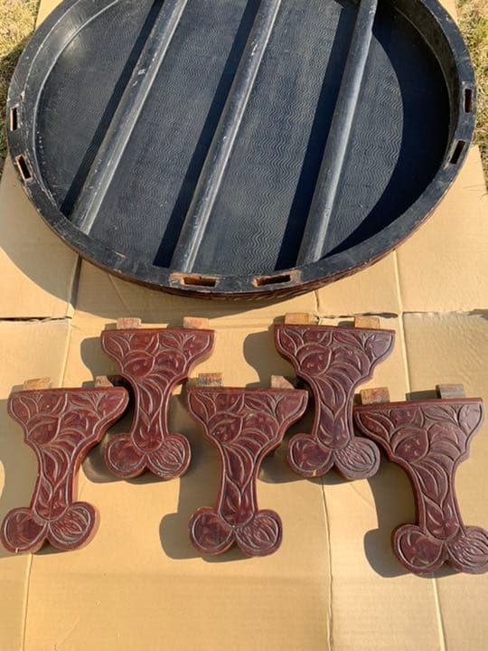 丸テーブル　ちゃぶ台　中国座卓　円卓　彫り　アンティーク　昭和レトロ