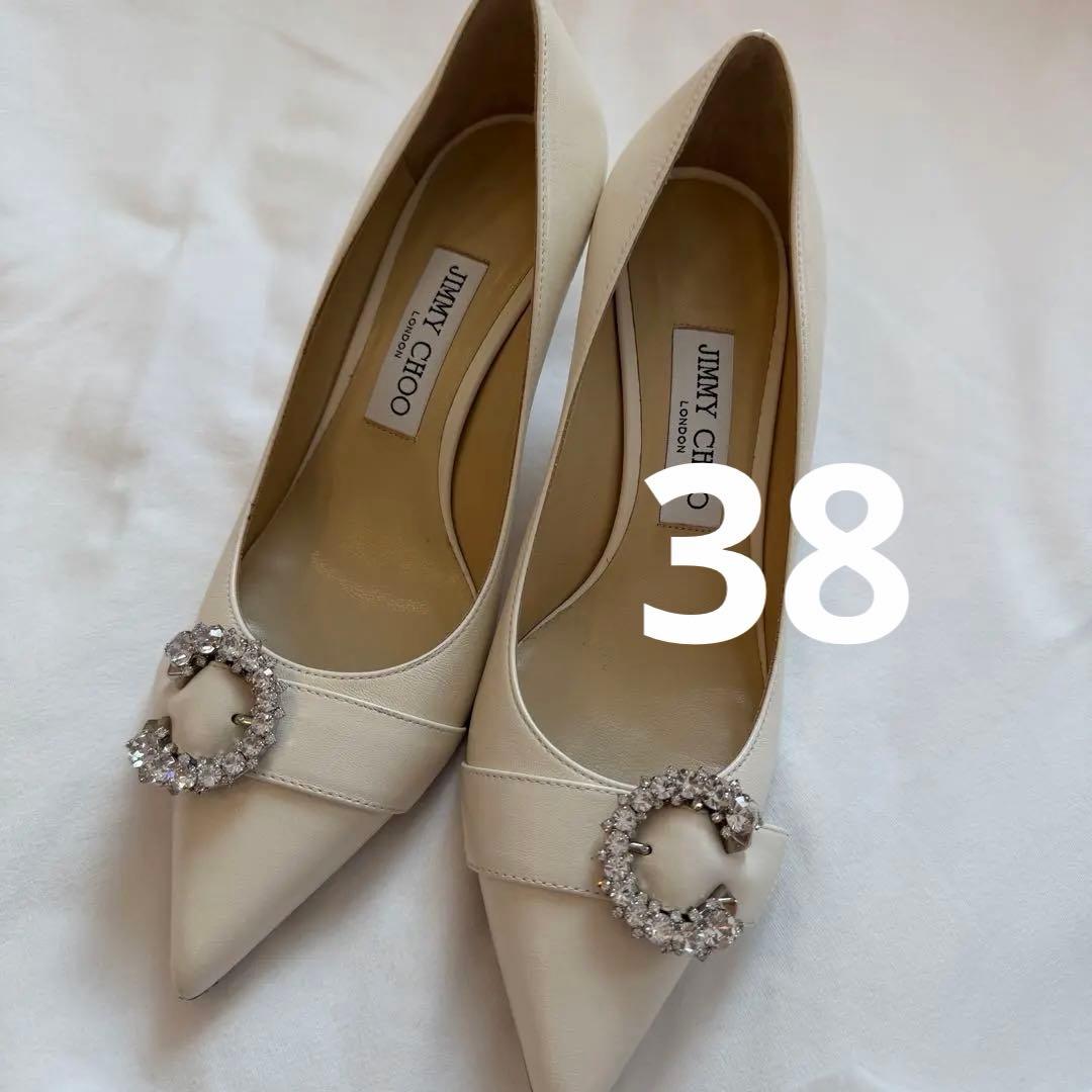 美品 ジミーチュウ クリスタルバックル レザー ポインテッドトゥパンプス 38