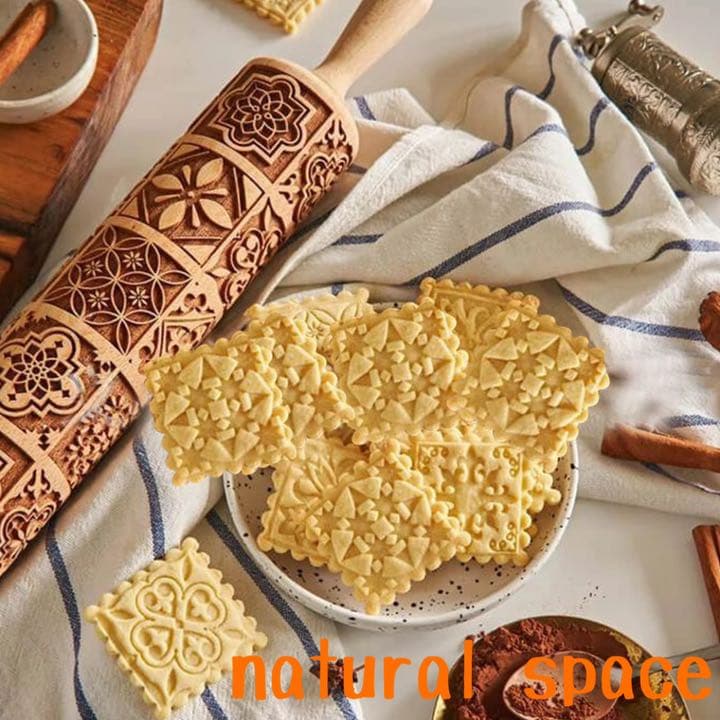 エンボスローラー　四角柄　木製麺棒　花柄　クッキー　クッキング　ハロウィン