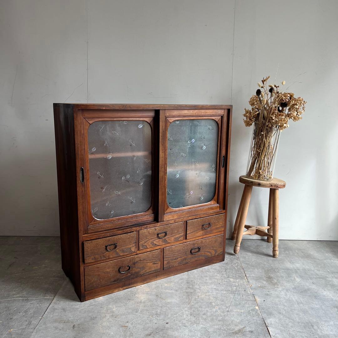 アンティーク ガラス 戸棚 キャビネット 飾り棚 昭和レトロ 無垢材 z499