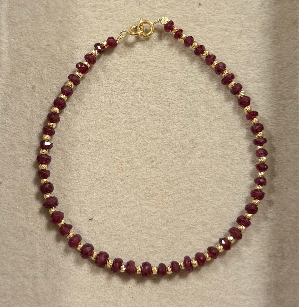 K18デザインブレスレット　天然ルビー　18金ミラーボール　カラーストーン