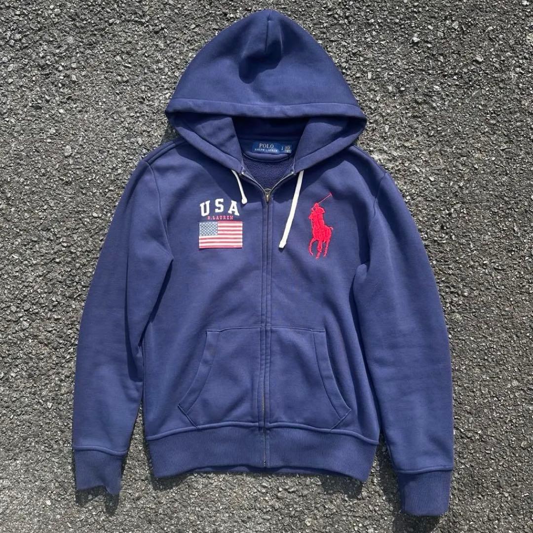 ラルフローレン　ビックポニー　ジップパーカー　Sサイズ　ネイビー　y2k