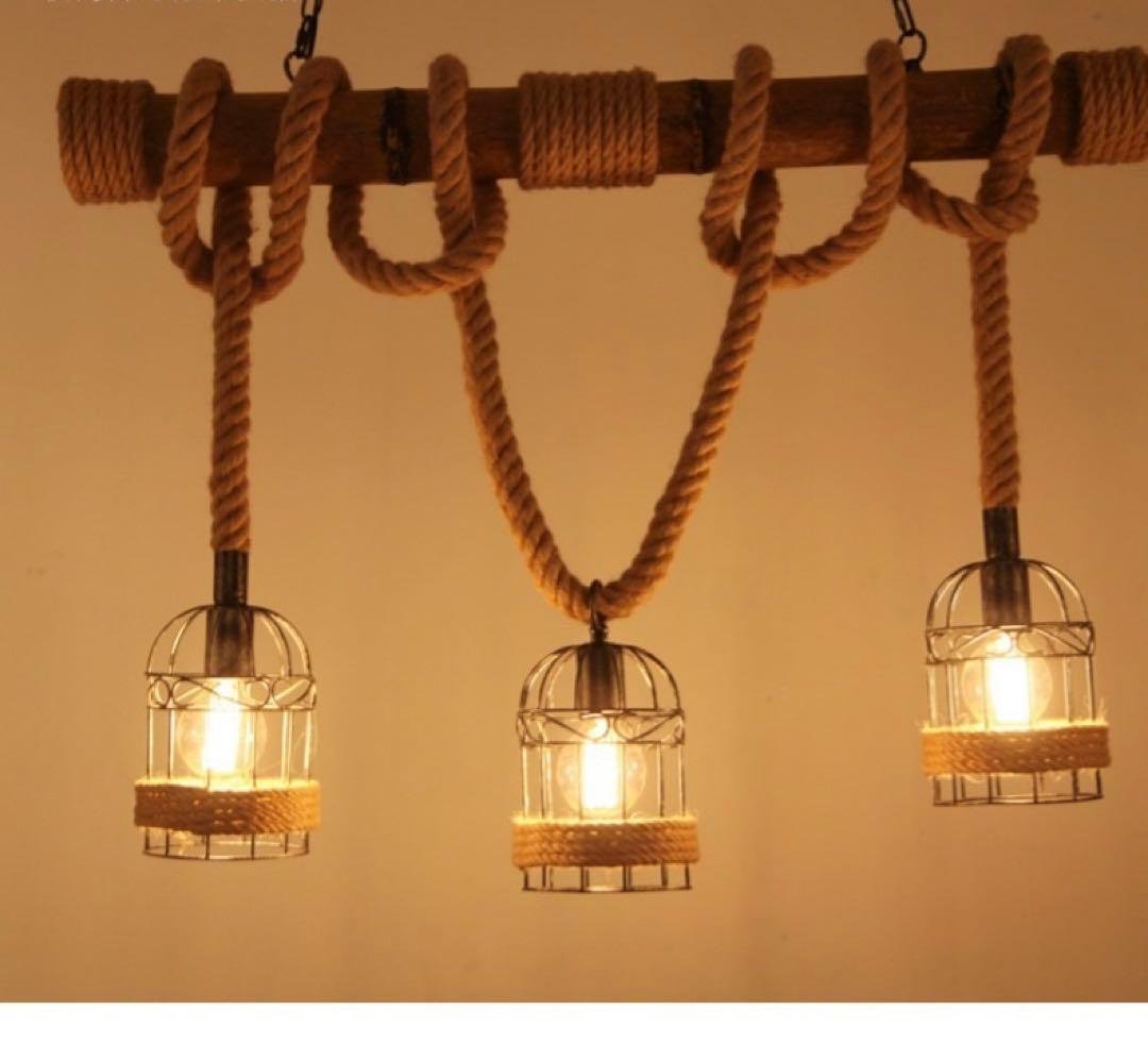 K*）様 LED電球付き ヴィンテージ風 3灯シャンデリア 木材・金属・ロープ製