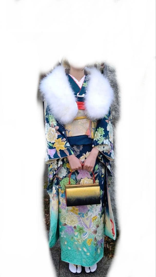 成人式　振袖　緑　青　エメラルドグリーン　クローバー　帯　フルセット