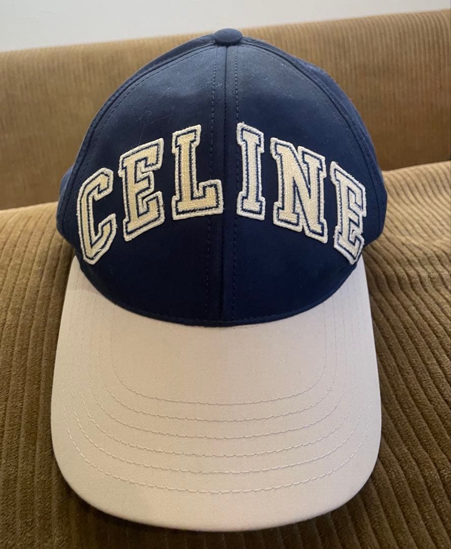 CELINE カレッジ ベースボールキャップ コットン ネイビー ベージュ M