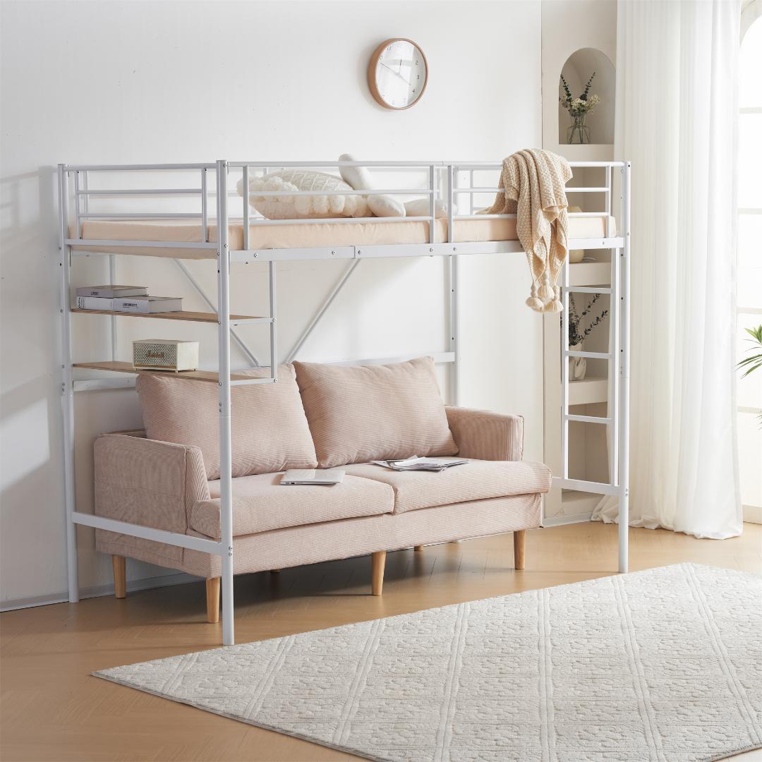 超人気！ロフトベッド パイプベッド サイド棚付　子供部屋 耐震 WHITE