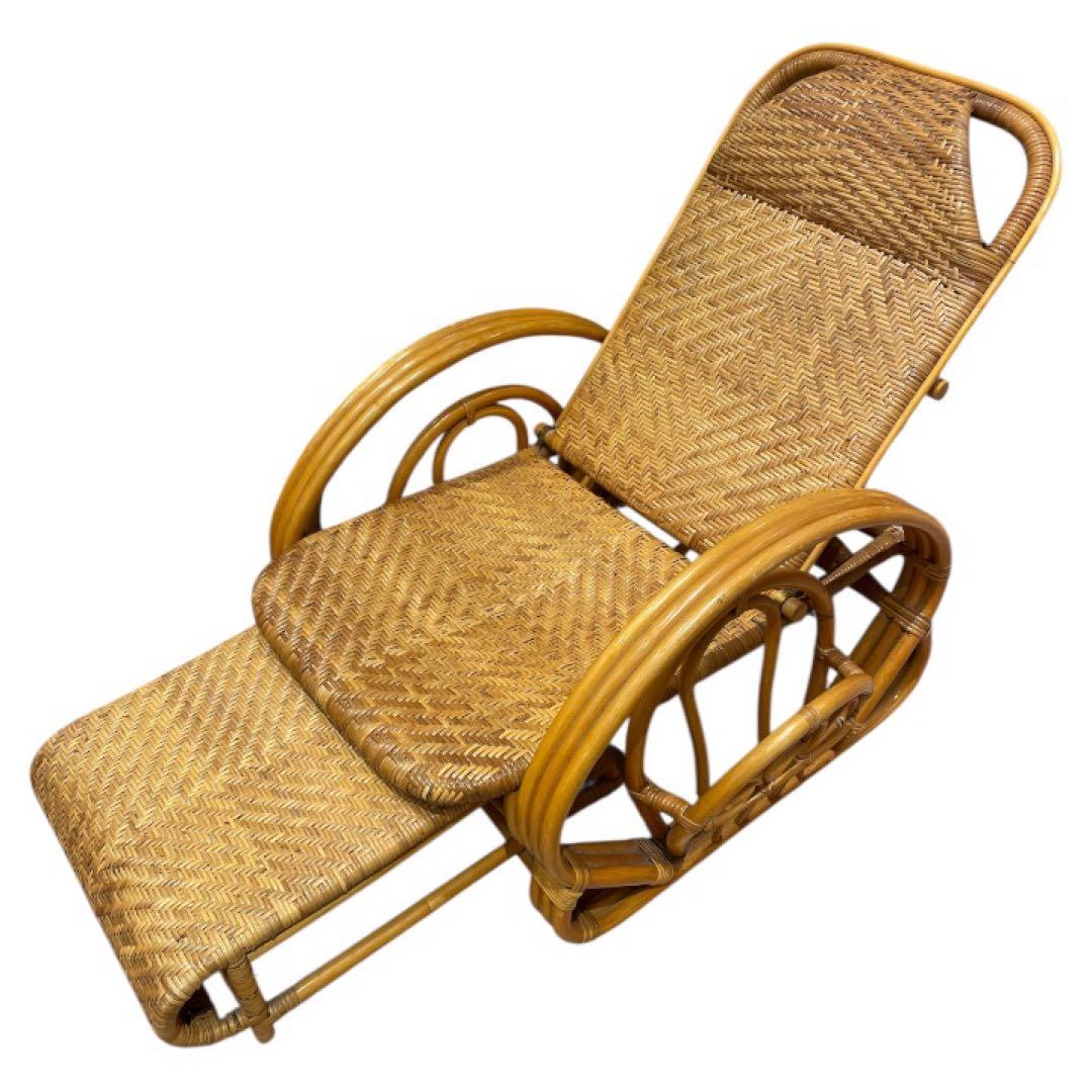 昭和レトロ ラタンリクライニングチェア オットマン付き