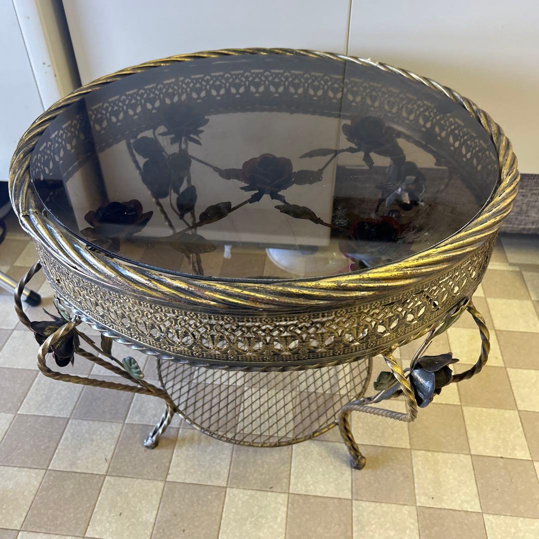 アンティーク薔薇装飾 サイドテーブル 天板ガラス バラ丸テーブル