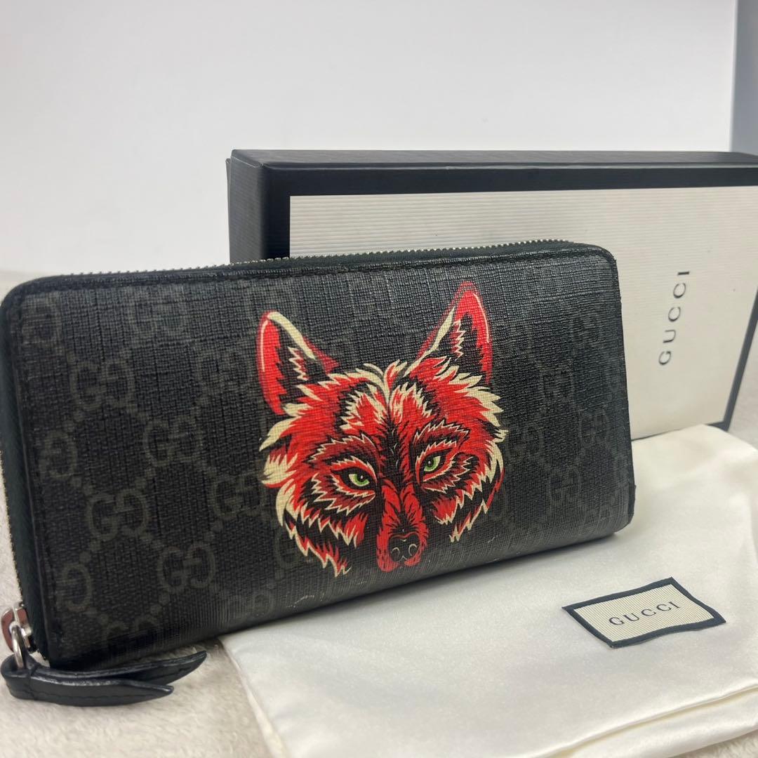 GUCCI グッチ 長財布 ウルフ GGスプリーム ラウンド ブラック