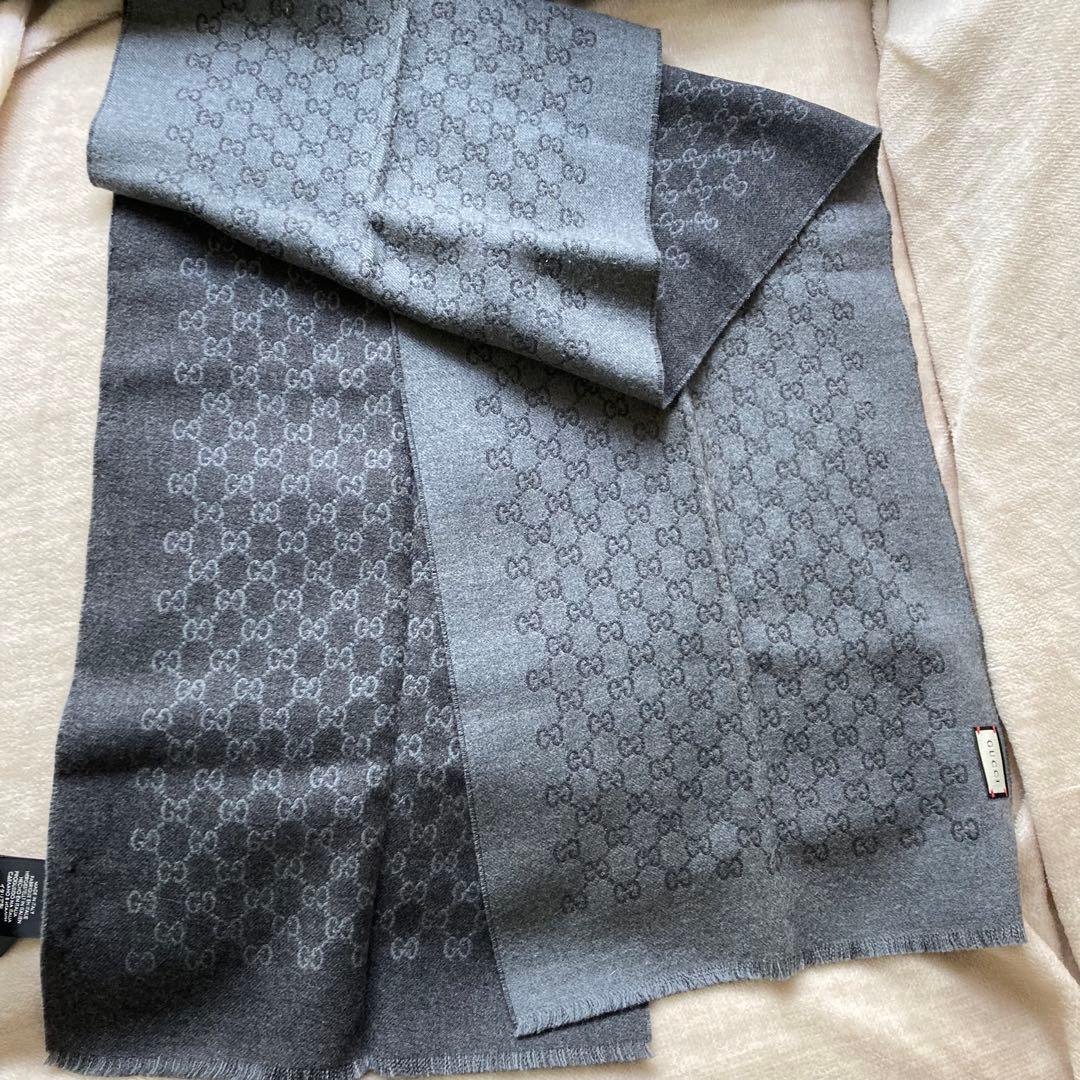グッチ GUCCI ストール マフラー GG柄 グレー ウール100%