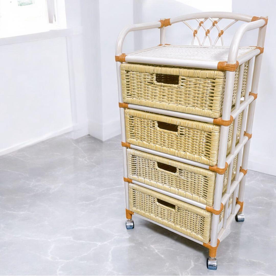 【送料込】KOIZUMI ラタン家具 籐 4段チェスト キャスター付 収納タンス